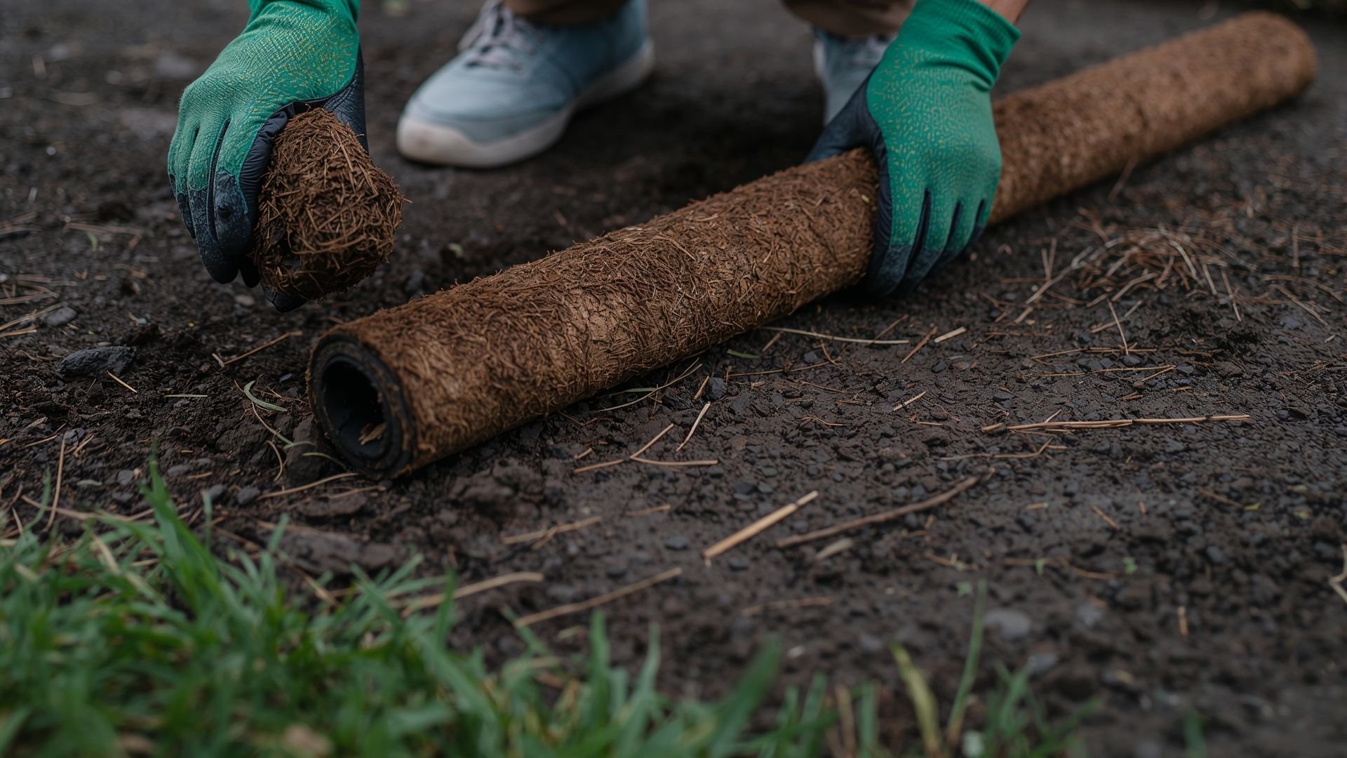 Lawn care worker rolls soil and grass for garden maintenance